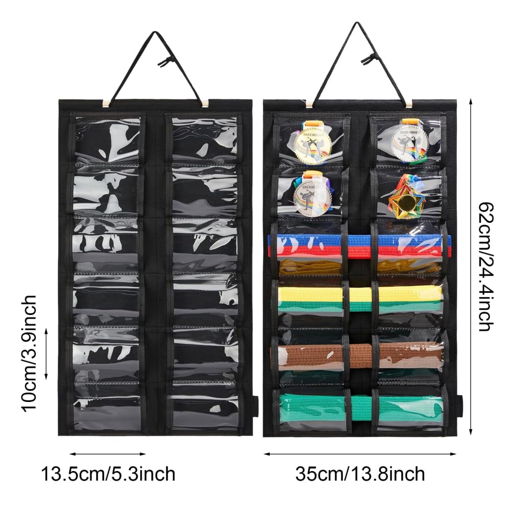 Espositore Cinture Karate Parete, Organizer 12 Tasche per Cintura Arti Marziali e Medaglie, Appendimedaglie in Tessuto Resistente, Pratico per Karate Taekwondo