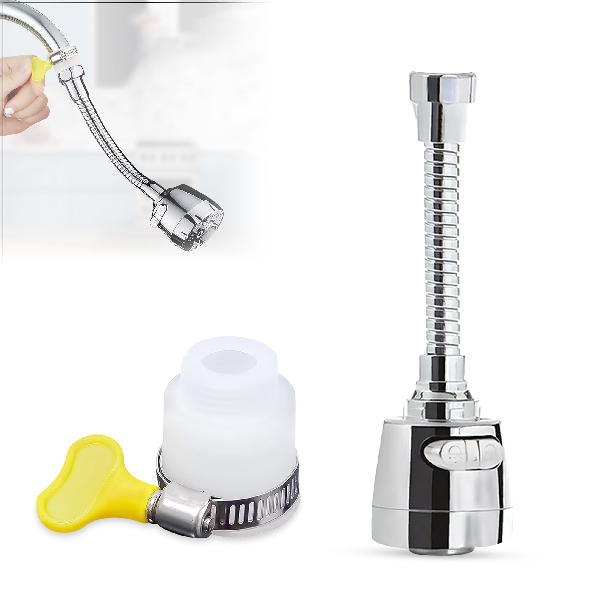 GLUN® 360 Rotation Tap Shower with 2 Mode, Metal Hose Kitchen Faucet Extender Spouts Shower, Comes with 20-24mm Universal Connector, Bubbler and Water Saving Filter Pack of 1-image-45