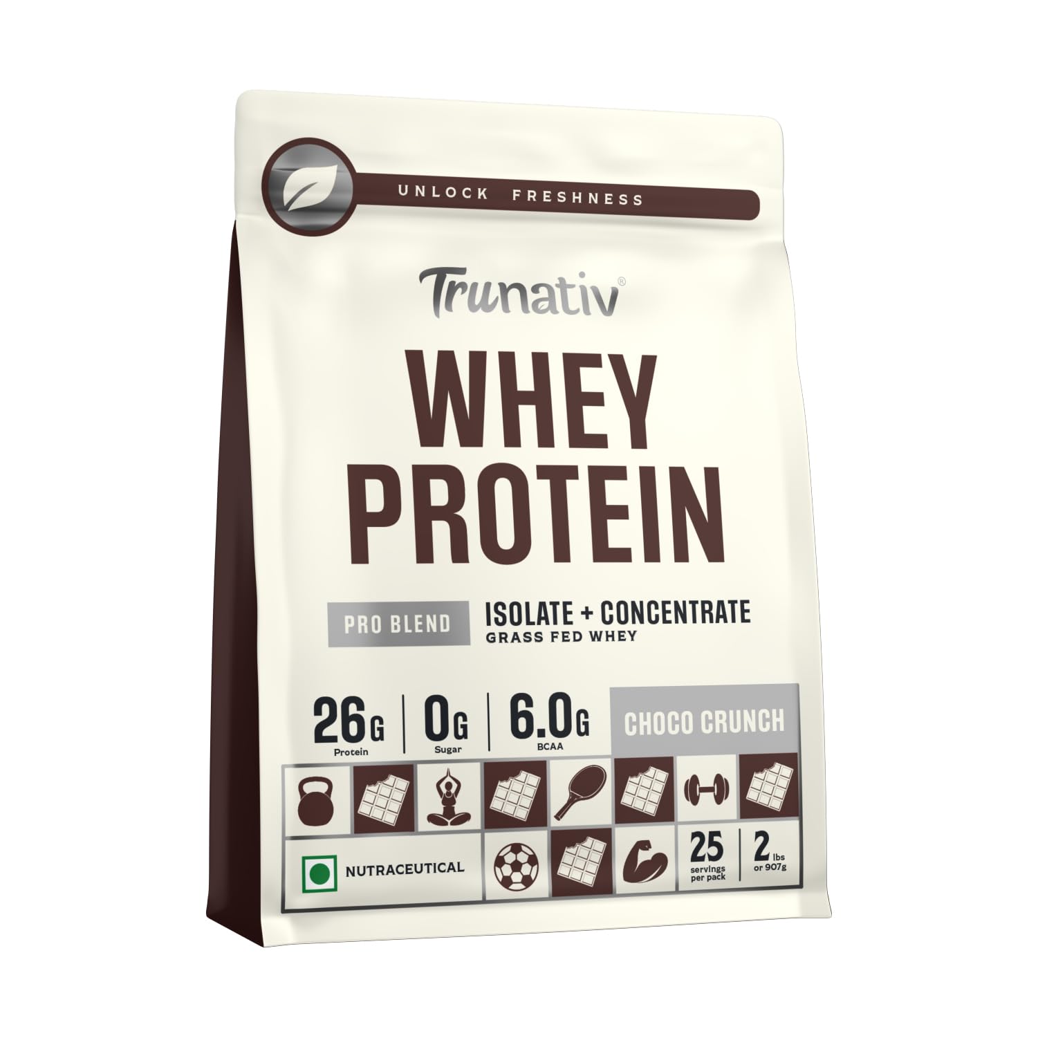 Trunativ Pro Blend Whey Protein Powder Isolate & Concentrate | 100% Light & Clean Protein Powder | 26g Protein | 6g BCAA | 12.52g EAA | No added sugar | Choco Crunch 2lbs (907g)