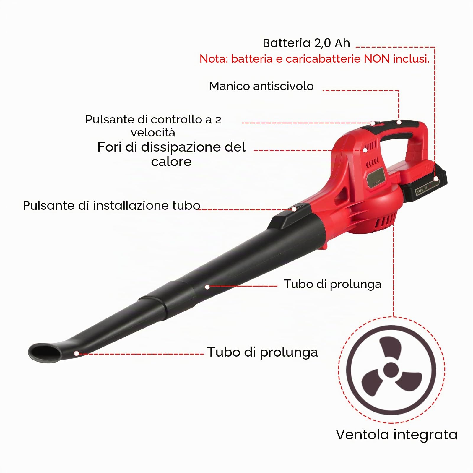 Soffiatore per foglie da 20 V, con 2 tubi di prolunga rimovibili e batteria da 2,0 Ah