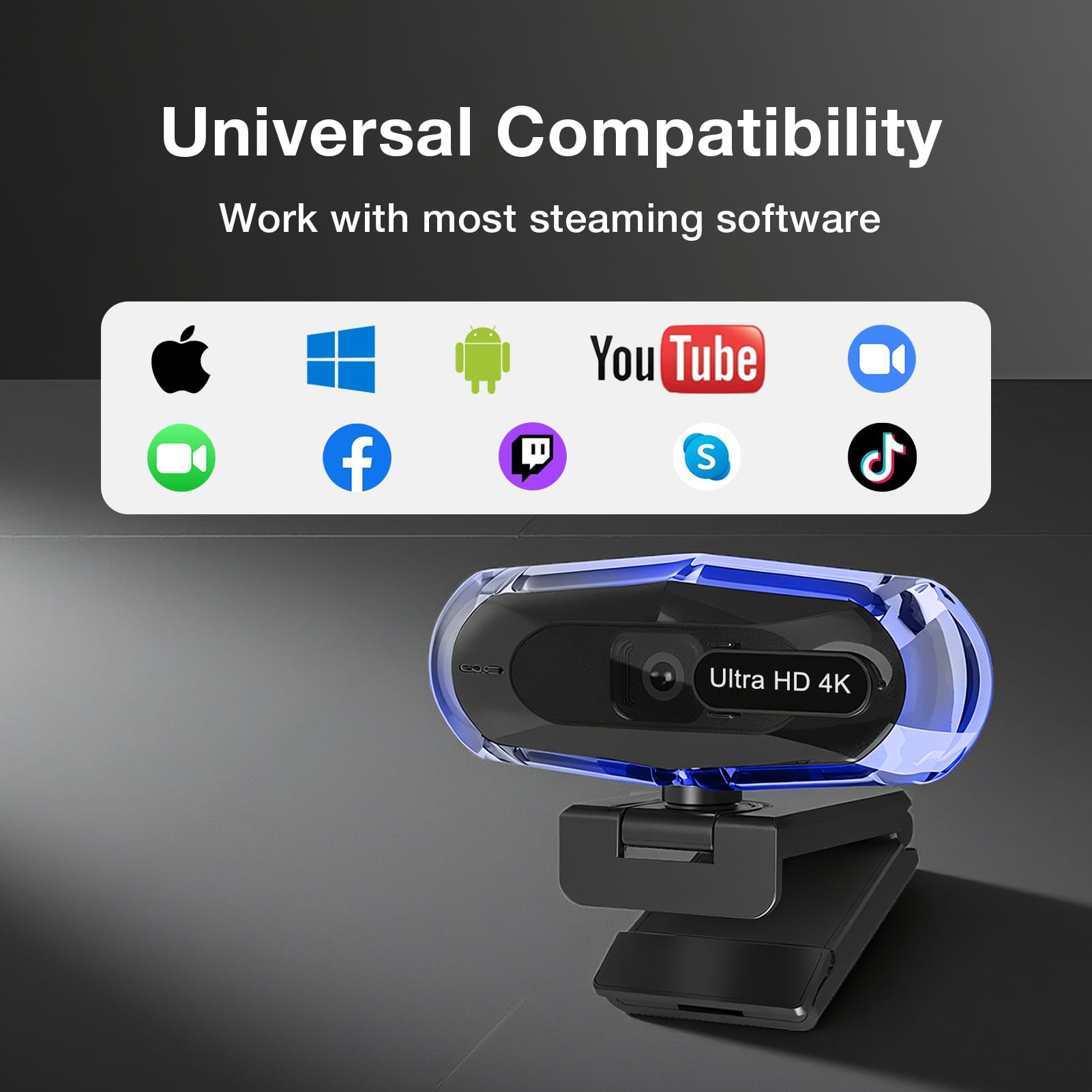 Kamera internetowa 4K do komputera, kamera internetowa 4K z pilotem zdalnego sterowania i oświetleniem RGB, kamera strumieniowa z autofokusem do PC/Mac, kamera komputerowa typu Plug and Play