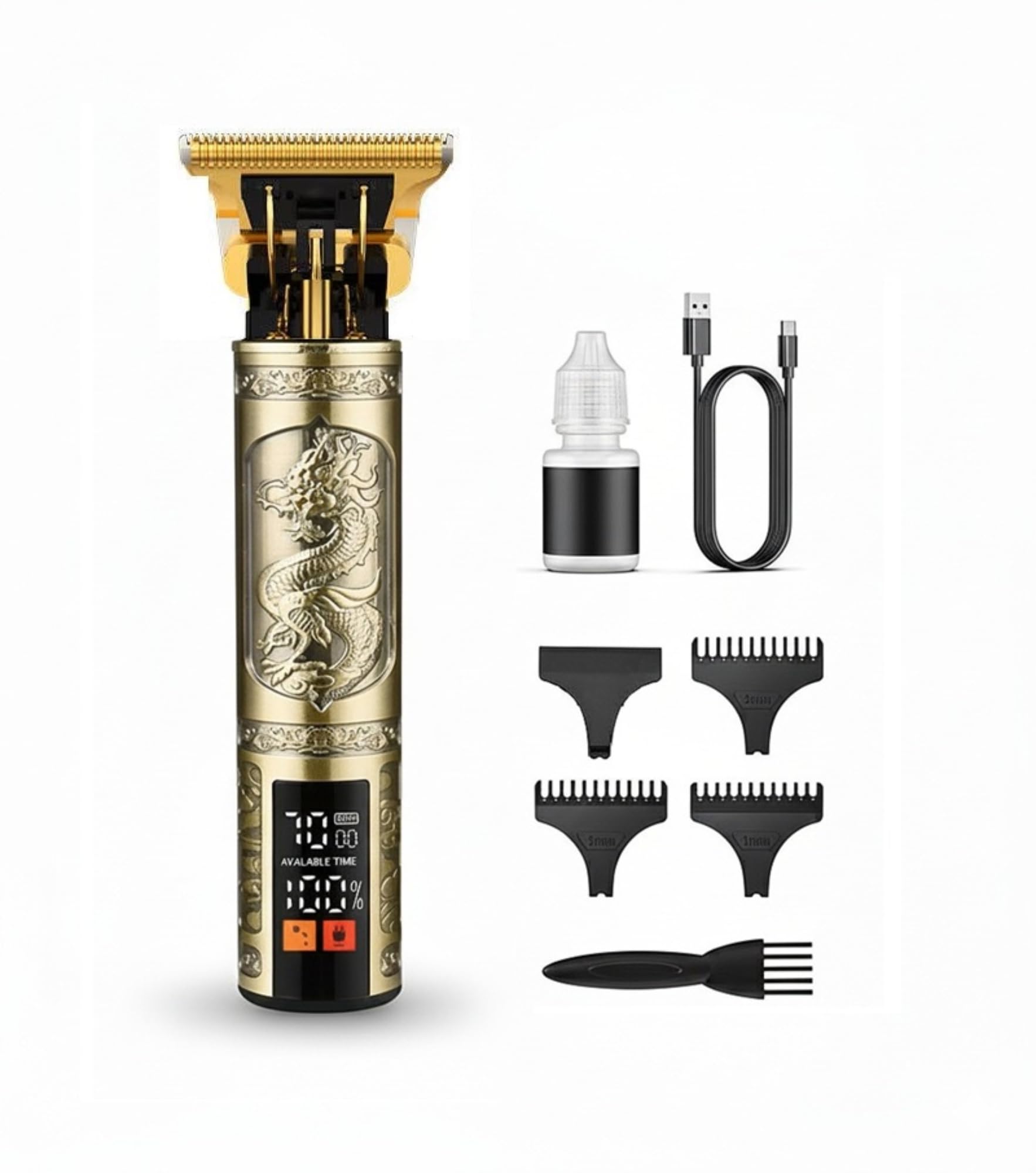 Maquina Cortar Pelo Hombre – Maquina de afeitar Hombre, Profesional, Inalámbrica, Pantalla LCD, Carga USB Tipo-C, Cuerpo Metálico Dorado, Motor Potente, Peines Incluidos