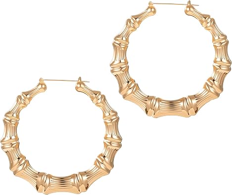 Bamboo Earring Large Bamboo Hoop Earrings for Women 80s 90s Door Knocker Earring Hip Hop Chunky Gold Hoop Earrings Trendy Women Jewelry Party Custom Rapper Clothing Accessories