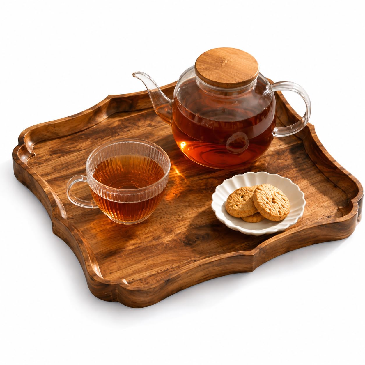 Premium Mango Wood Serving Tray Handcrafted Wooden Decorative Tray with Scalloped Edge 11 x 11 x 1 Inch Round Serving Platter for Coffee Table, Dining Table, Tea, Snacks & Home Decor (mod 4)-image-1