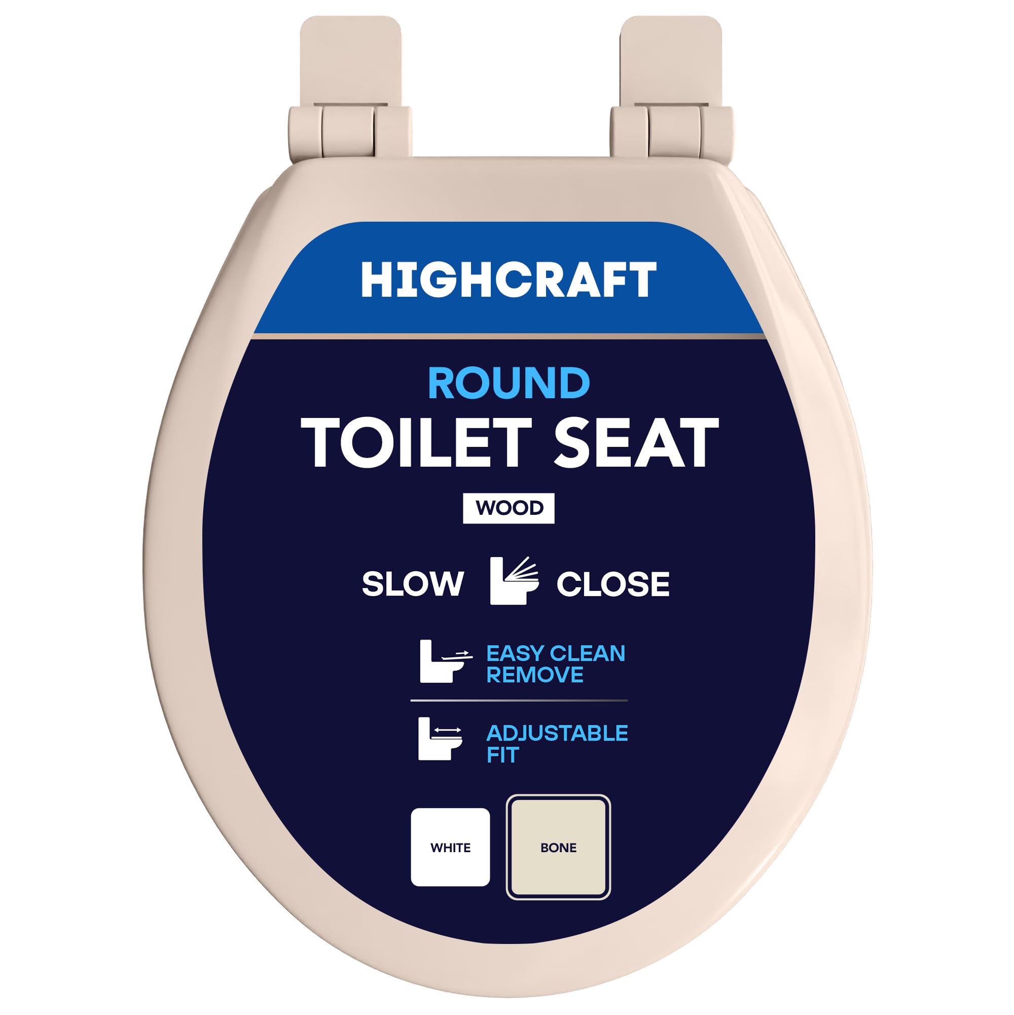 Photo 1 of HIGHCRAFT Premium Round Toilet Seat with Slow-Close Design, Adjustable Hinges & Quick Removal Mechanism - Molded Wood Toilet Seat - Fits Standard Round Toilets - Toilet Seat in Bone/Beige