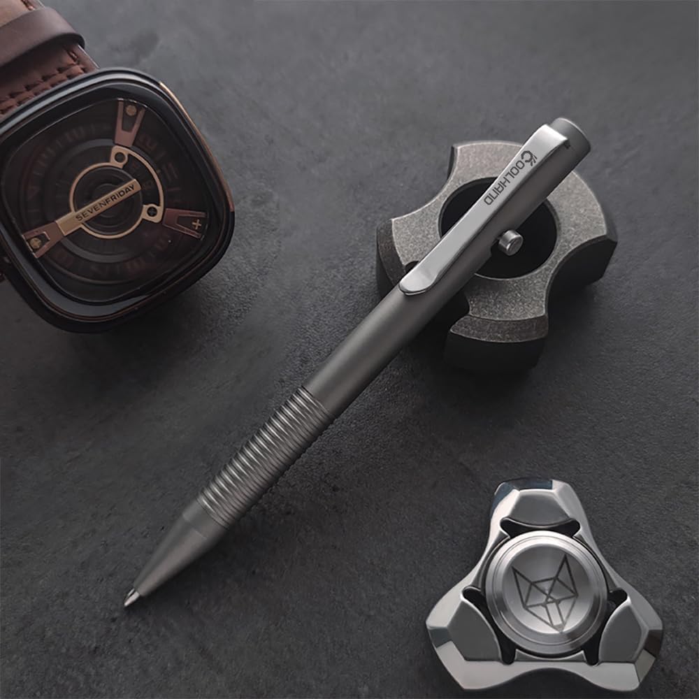 Cool Hand 4.8'' Titanium Alloy Bolt Action Pen, Ballpoint Ink Refillable, Stainless Steel Pocket Clip EDC Business Collection Stylus, with 3 Refills, Gray