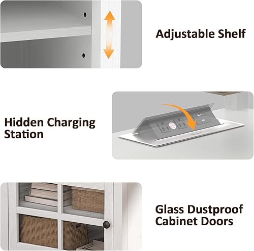 Miniatura 5 de HIFYOBRO Mesa auxiliar blanca de 24 pulgadas de alto con estación de carga, estante ajustable y almacenamiento, mesa auxiliar grande de 21 pulgadas,