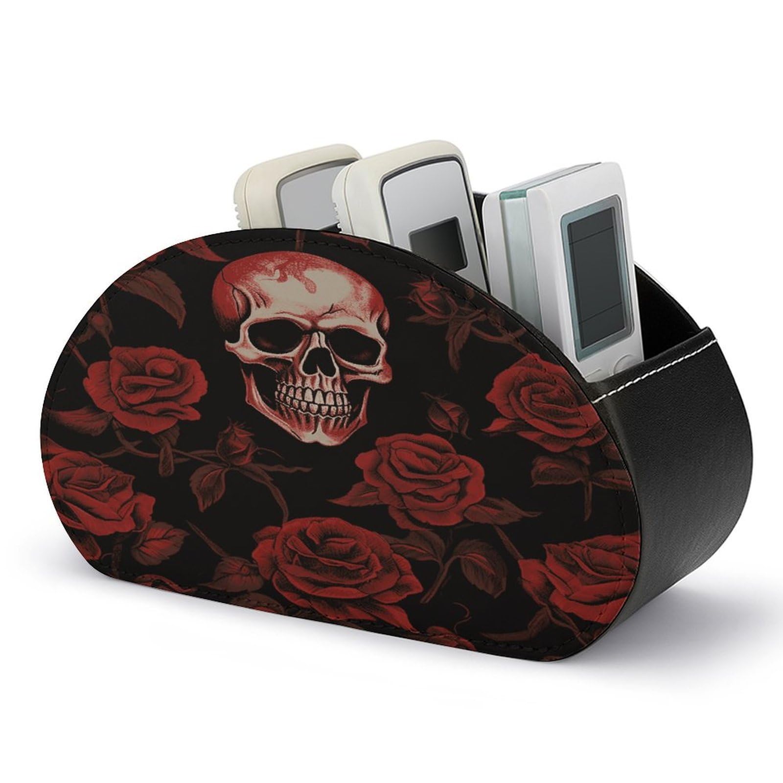 FekiLoot Skull Rose Remote Control Holder with 5 Compartments Multi-functional TV Remote Caddy Organizer Leather TV Remote Holder Desktop Organizer Store for Bedside Table Office Desk