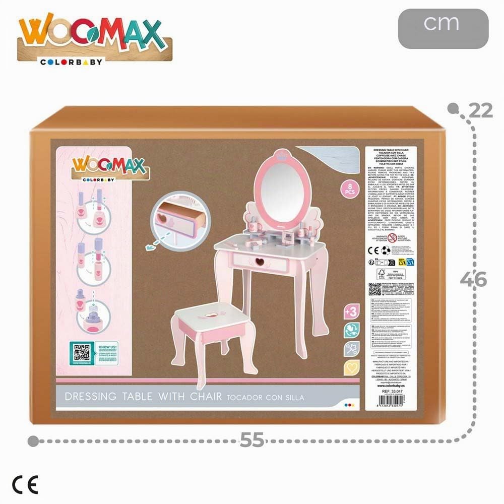 WOOMAX Toeletta per trucco per ragazze con sgabello in legno e specchio plexiglas, 50 x 34 x 92 cm, colori pastello, toeletta per bambini, accessori interattivi, giocattoli per bambini 3 anni (33047)
