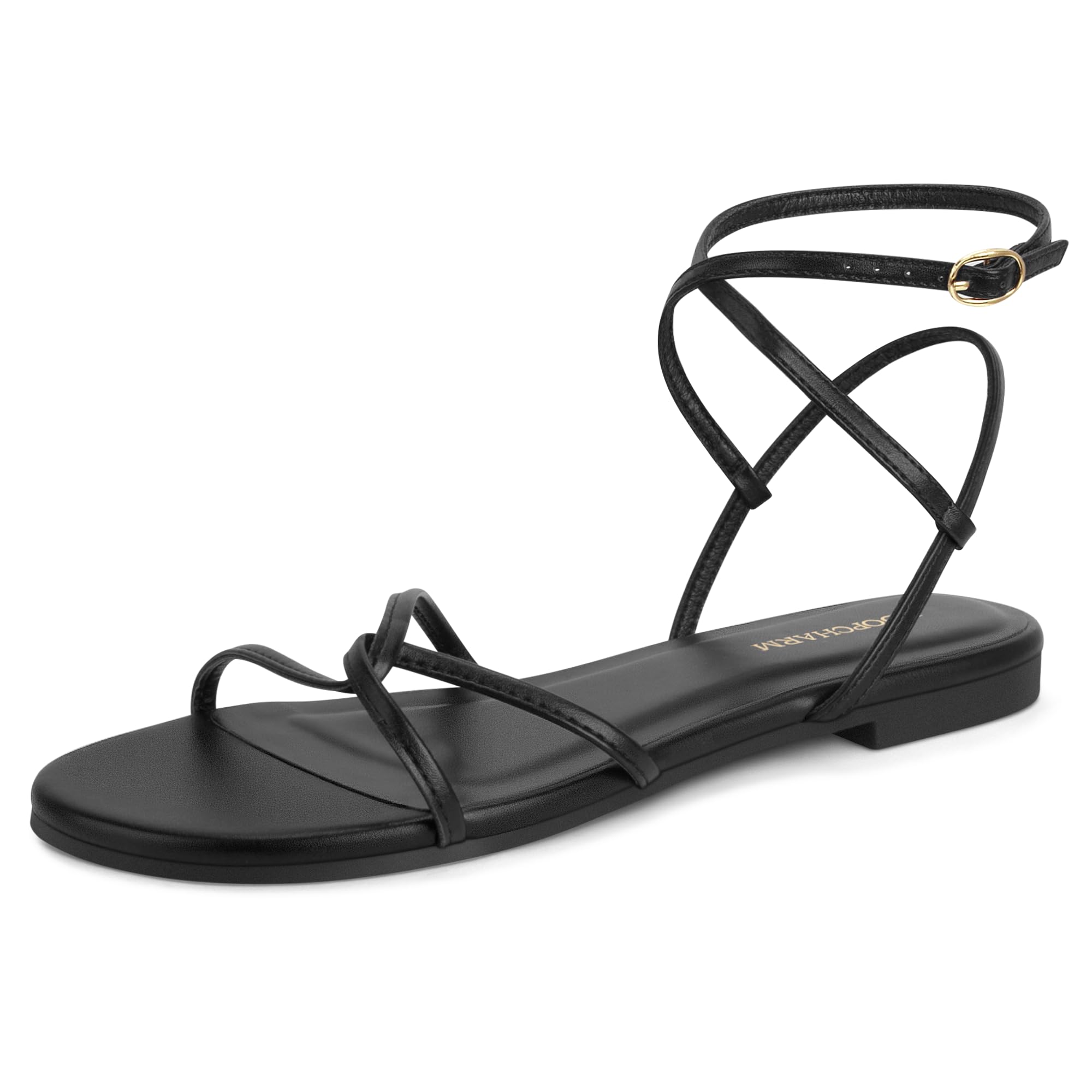LOOPCHARM Women's Flat Sandals Strappy Open Round Toe Lace Up Shoes with Adjustable Ankle Strap for Summer,Black Pu,11