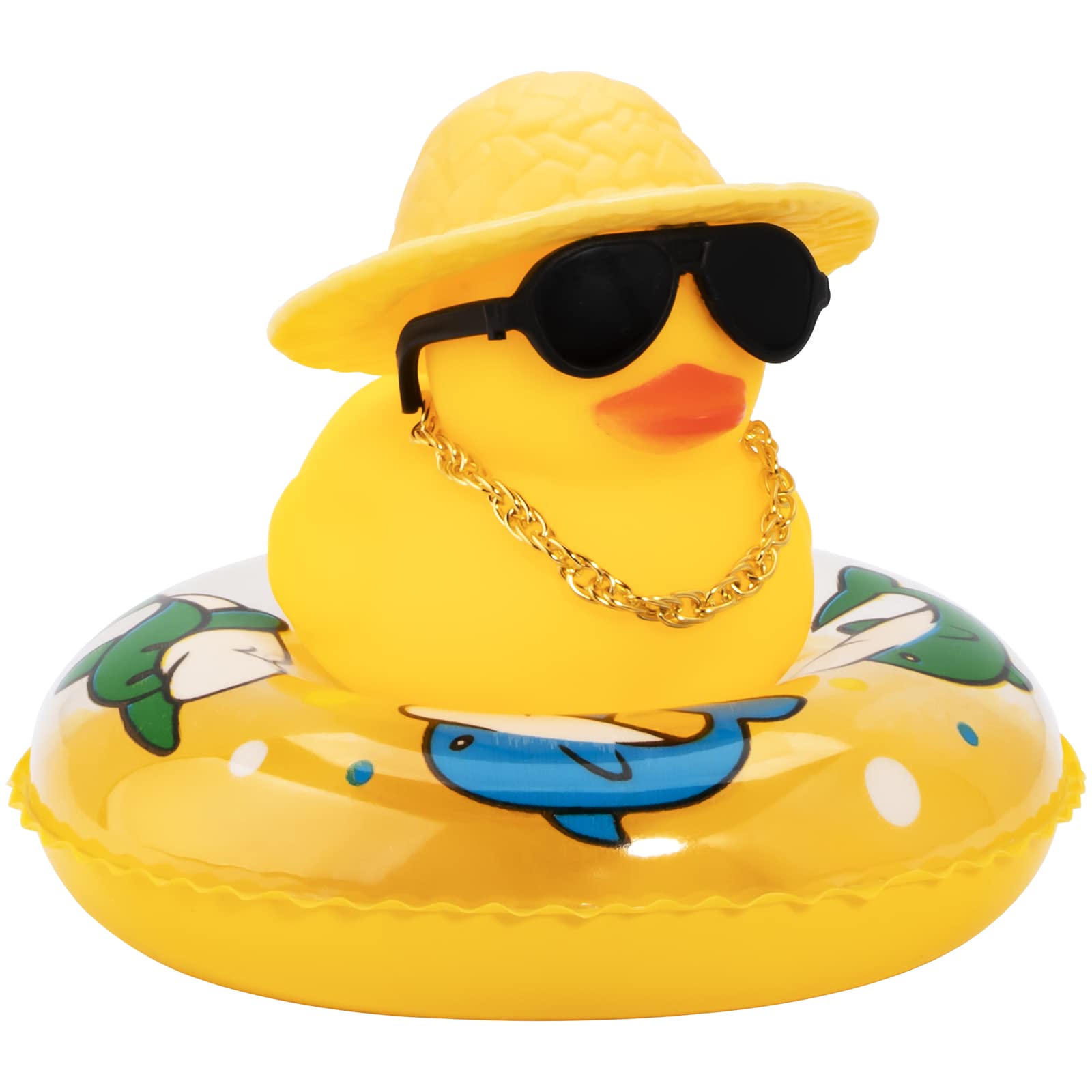 wonuu Car Rubber Duck, Yellow Duck Decoration Dashboard with Sun Hat Swim Ring Necklace Sunglasses for Car Dashboard Decorations (Blue Sun Hat-Blue