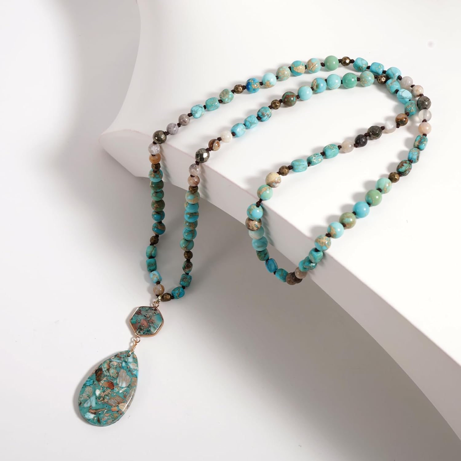 Boho Necklace for Women/Men Long, 35.4in Natural Stone Bead Jewelry Charm Handmade Bohemian Fashion Chunky Chakra Necklace - Image 5