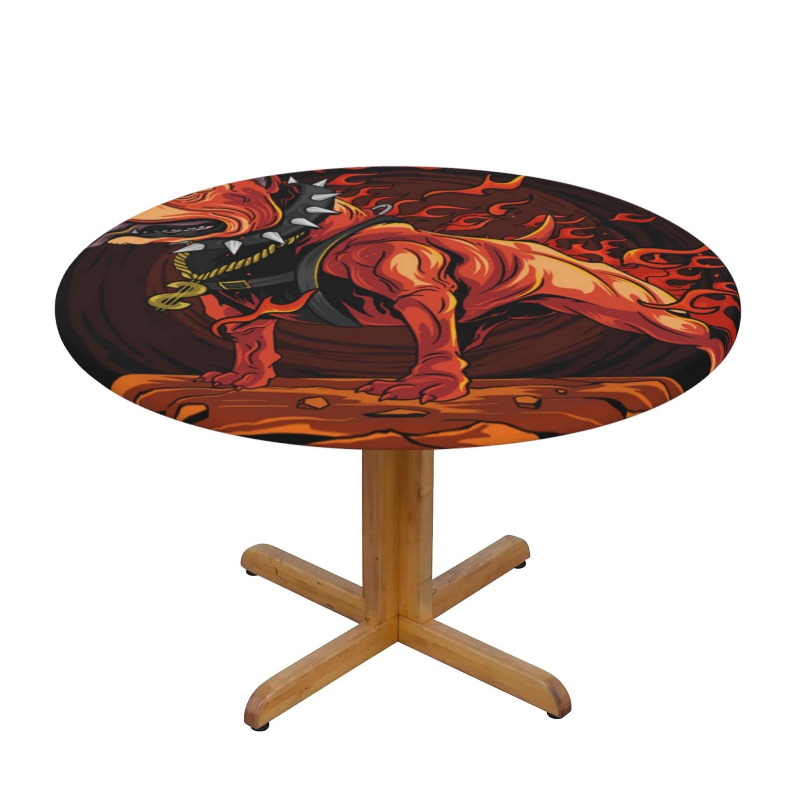 Lsjuee Round Fitted Tablecloth 40-44in Elastic Edged Table Cloth for Kitchen Dining Party Home Decor - Fire Dog Burning Black
