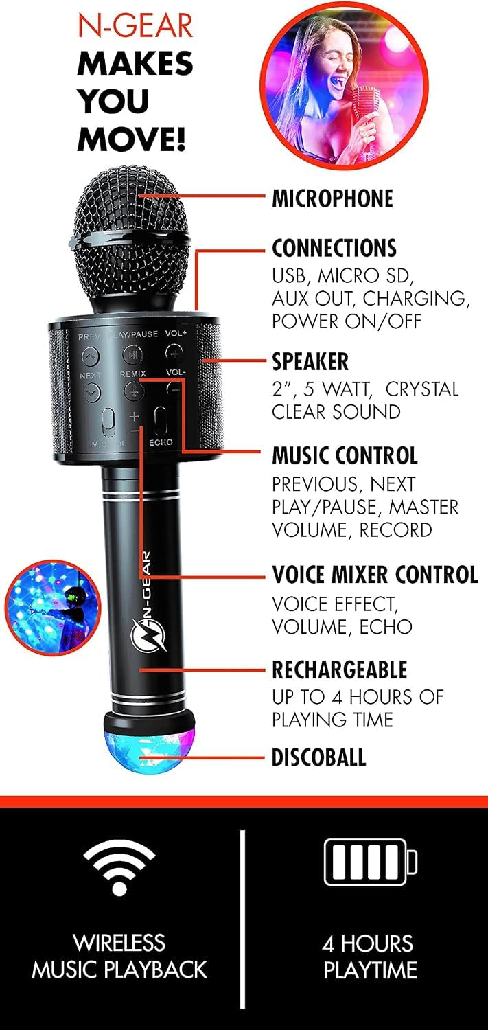 NGEAR SingMic S20L Bluetooth Karaoke Mikrofon mit 10W Max Leistung, 2 Zoll Lautsprecher, RGB Disco LED Beleuchtung, drahtloser Musikwiedergabe, Voice Effekten, MP3 über USB/MicroSD und AUX Ein/Ausgang