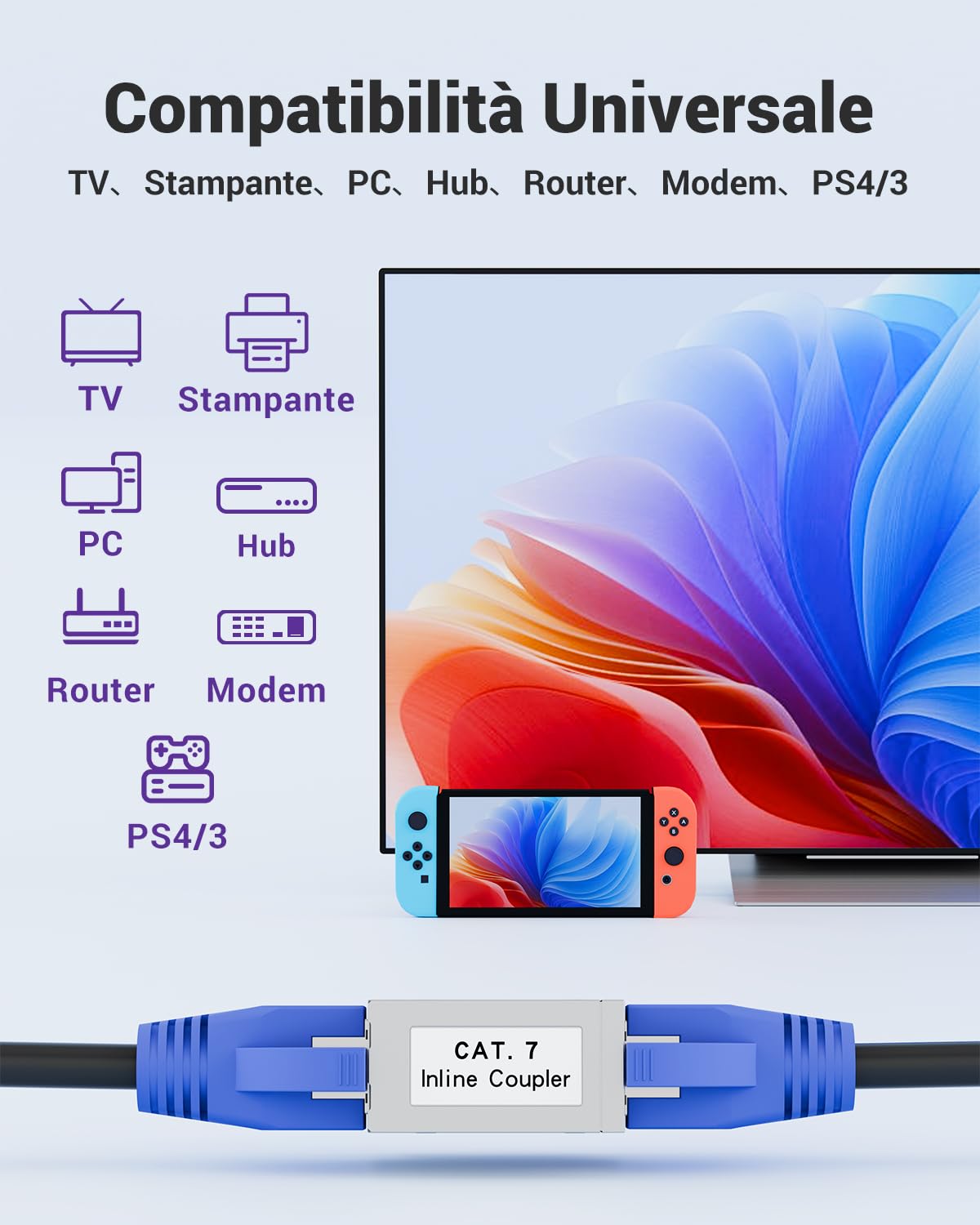 VCELINK CAT7 Connettori RJ45 10 Gigabiti, Connettore Prolunga Cavo Lan, Accoppiatore RJ45 Femmina Femmina per Cavo LAN Ethernet, Cat6A, Cat6, Cat5, 2 Pezzi