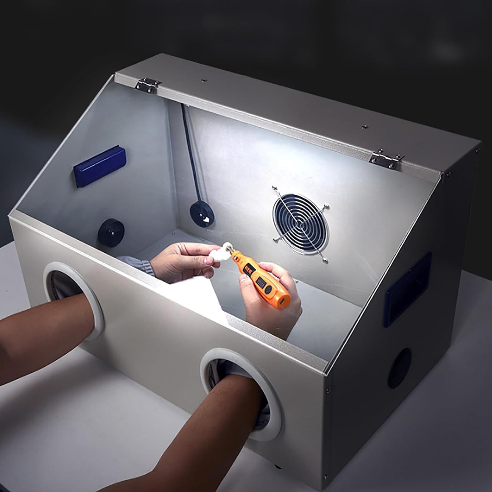 Caja colectora de polvo con luz LED y ventana transparente, potente ventilador de 2800 RPM para grabar, moler, pulir, taladrar y cortar