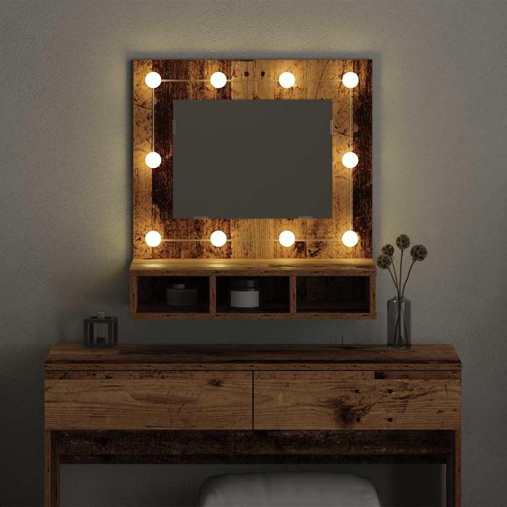 Szafka z lustrem, stare drewno z materiału drewnopochodnego, 60 x 31,5 x 62 cm, montaż ścienny, oświetlenie lustra z USB, 3 półki, miejsce do przechowywania do łazienki i przedpokoju