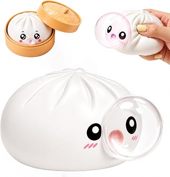Dumpling Fidget Squishy, Mystery Squeeze Dumpling Box, Squishy Toys for Anxiety Stress Relief, Dumplings Sensory Fidget Toy with Food Steamer, Funny Stress Balls for Adults & Kids, Stretchy Desk Toys