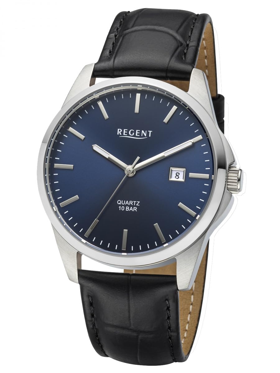 REGENT F-1679 Herrenuhr Edelstahl Silberfarben, Blaues Sunray Zifferblatt, Lederband Schwarz Kroko Look, Quarzwerk, Datum, 39 mm, 10 ATM