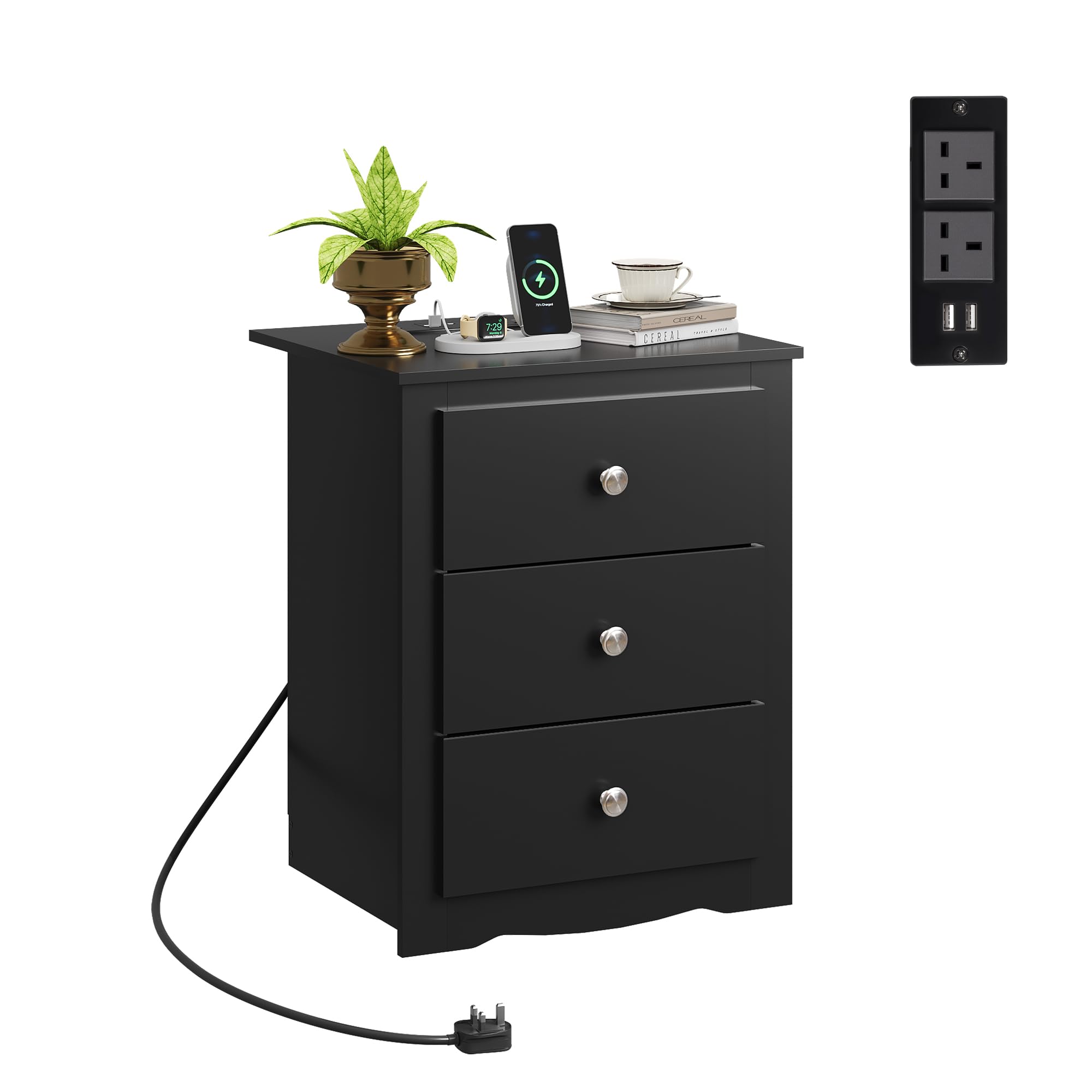 WLIVE 3-Drawer Wooden Bedside Table with Charging Station, USB Ports & Plug Sockets, Nightstand with Storage for Bedroom, Living Room, Office (1, Black)