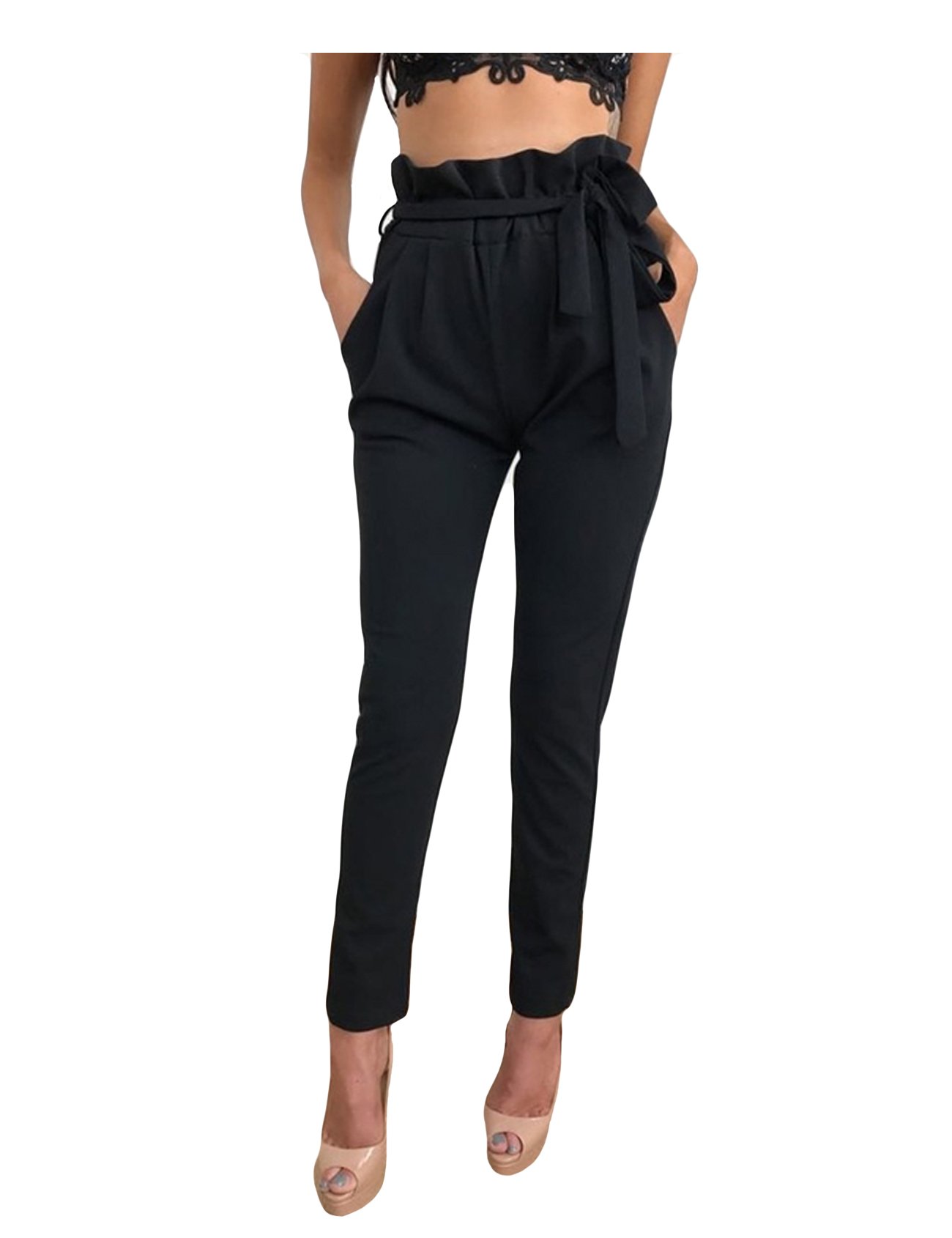 Womens High-Waist Belted Stretchy Pants Trousers