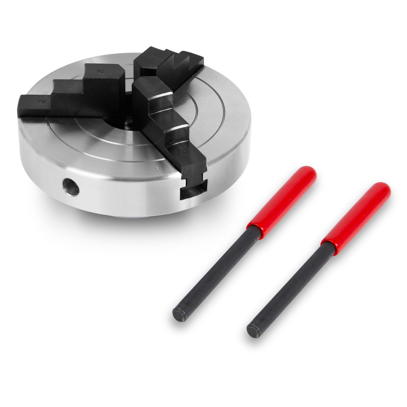 EBERTH Plato de tres garras con 100 mm de diámetro, 4" Autocentrante, Rosca de conexión 1" -8 TPI, Incl. herramienta de sujeción, Accesorios de torno, Plato de torno de alta calidad, Plato de sujeción