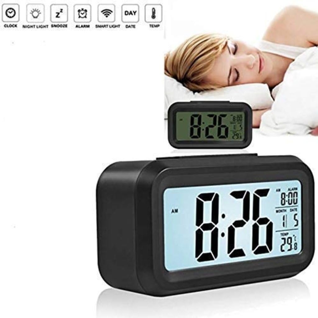 ONISHOMES Digital Table Alarm Clock Calendar Snooze with Automatic Sensor Light Smart Battery Operated Date & Temperature Multifunctional Heavy Sleepers Students, Loud Watch, Home & Office (Black) 2