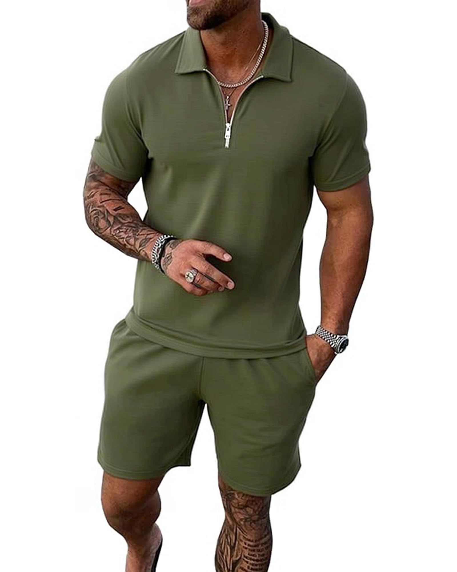 Uni Clau Mens Summer Track Suits 2 Piece Shorts Sets Short Sleeve Sweatsuit Outfits Zip Golf Casual Polo Shirts and Shorts