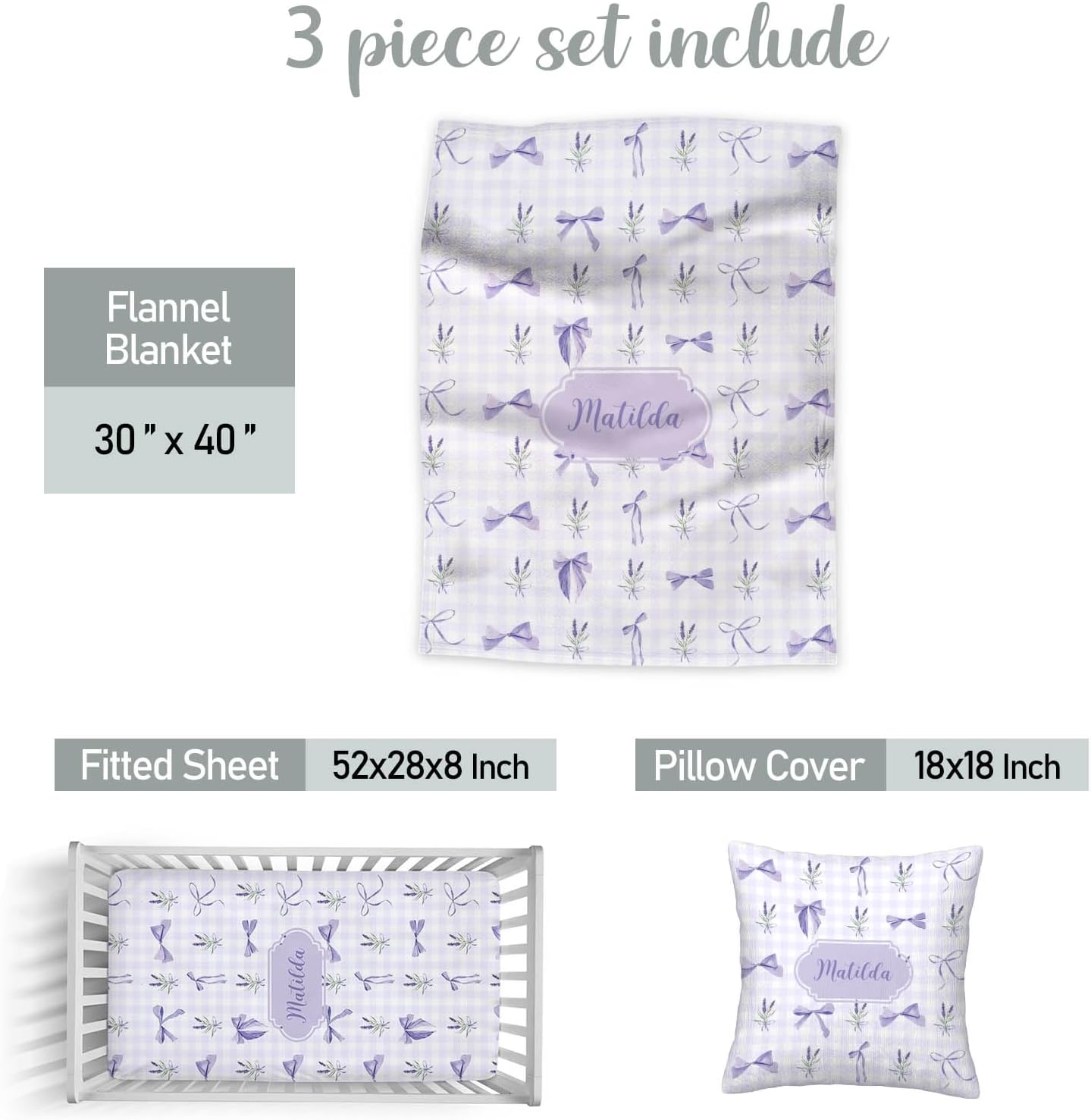 Personalized Purple Bow Baby Crib Bedding Set – Custom Name 3 Piece Nursery Set for Baby Girls, Soft Blanket, Fitted Crib Sheet & Pillowcase – Customized Infant & Toddler Nursery Gift
