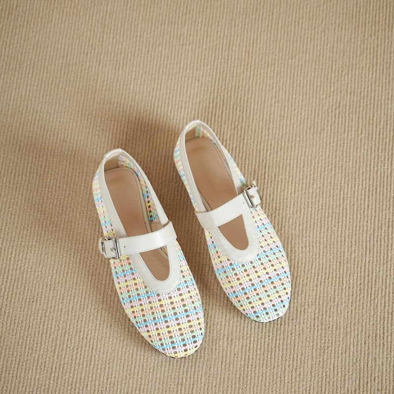 Woven Ballet Flats for Women Round Toe Mary Jane Shoes with Metal Buckle Strap Casual Ballerina Flats Shoes4