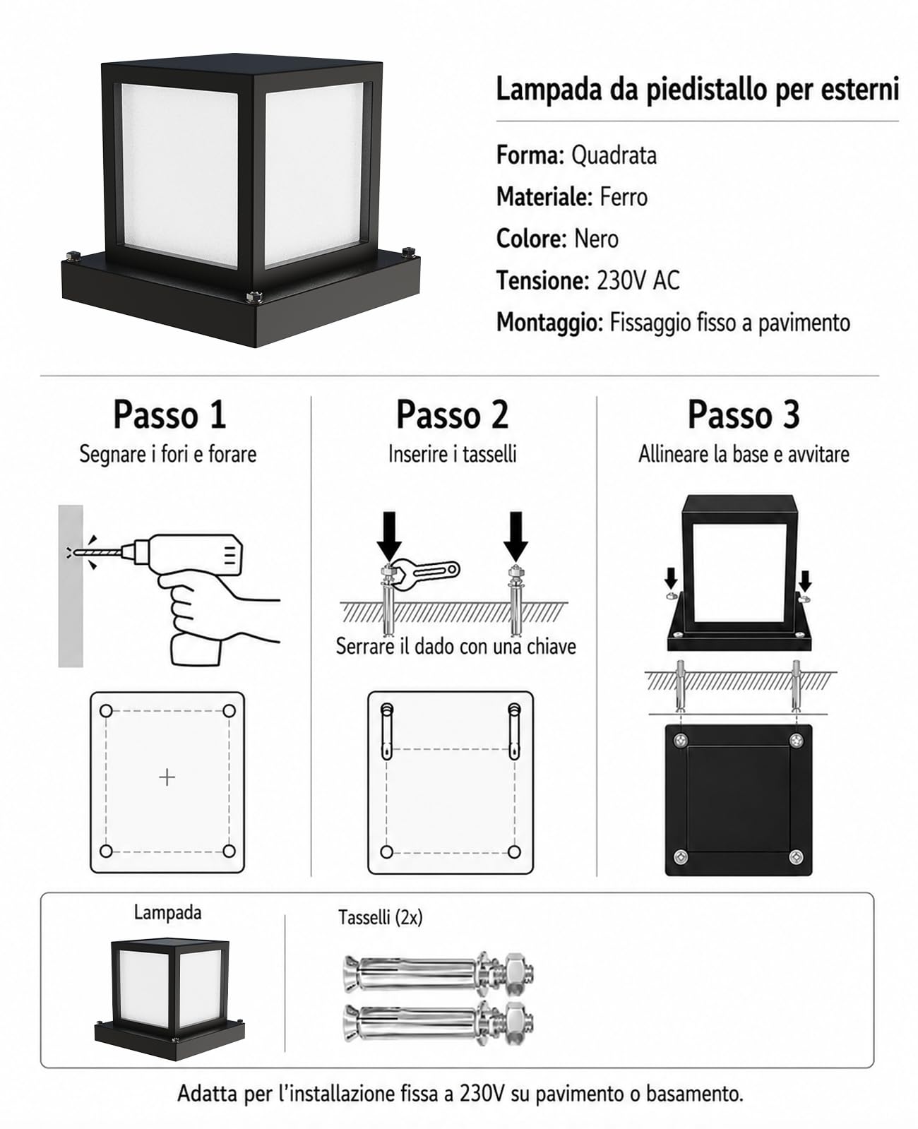 Lampioncino da Giardino Esterno E27 3000K Nero | LED 12W Lampada da Pilastro Esterno, Struttura in Metallo, 23 × 23 × 20 cm, per Vialetti, Patio e Terrazza