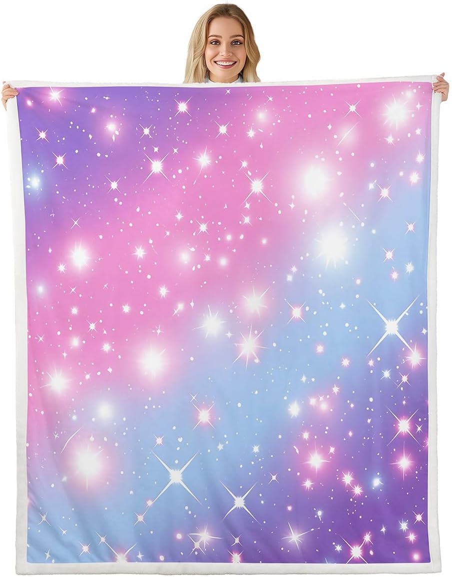 Erosebridal Gradient Glitter Throw Blanket for Girls, Rainbow Galaxy Fleece Kids Boys Children Women Bedroom, Ombre Pastel Sherpa Starry Sky Twinkle Fuzzy Blanket, Purple Pink, Twin Size