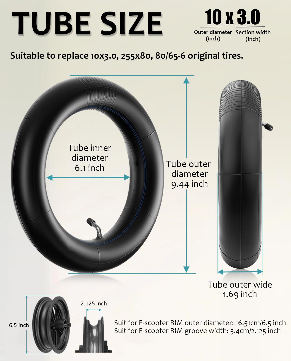 GLDYTIMES 10x3 Tire 255x80 80/65-6 Off-road Rubber Inner Tube Replacement for Nanrobot/Apollo Pro/Kugoo M4 Pro/Varla Eagle/Yume Y10/Joyor S10 Electric Scooter~Anti-explosion Tyre with 45 Degree Valve