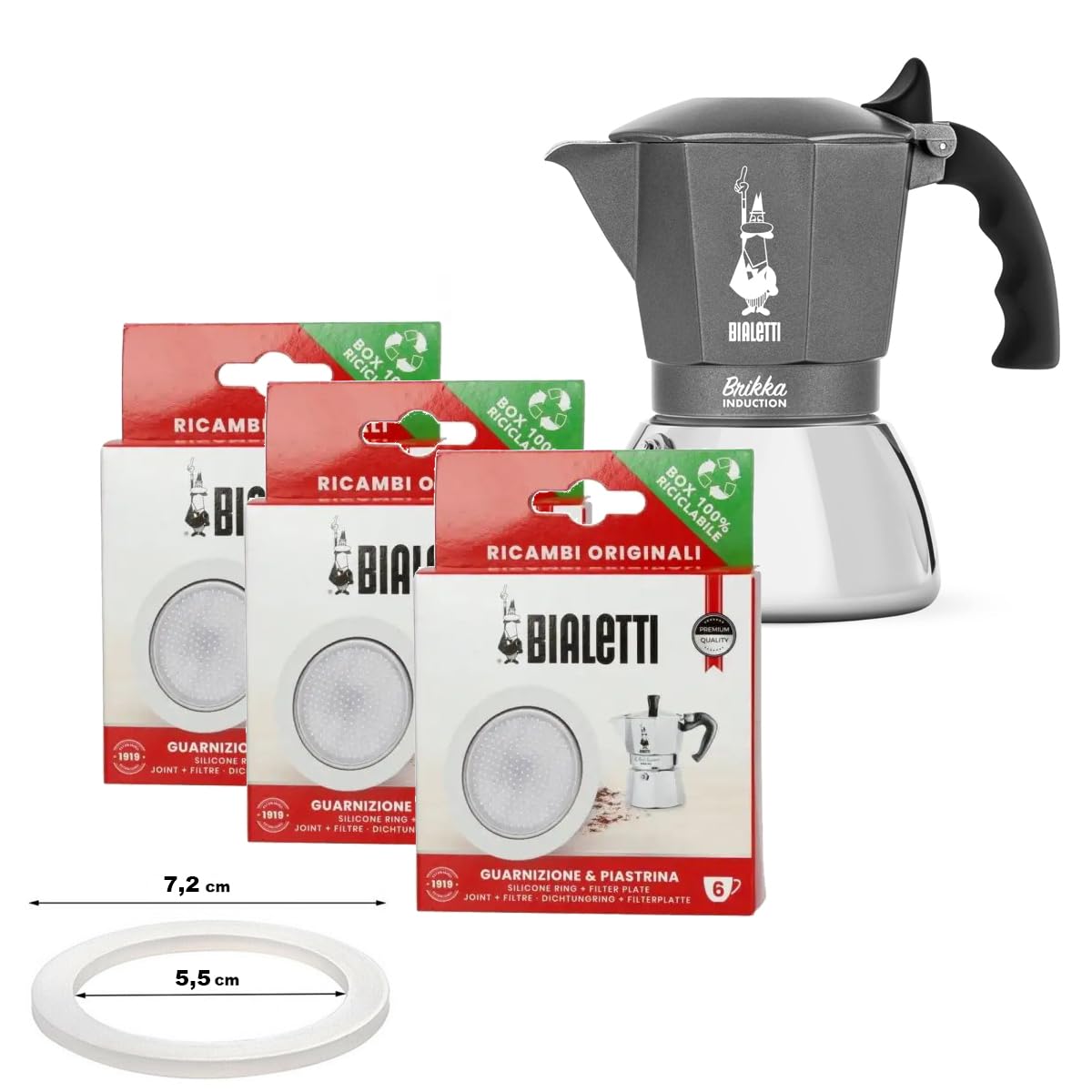 BIALETTI set di 3 Confezioni con 3 Guarnizioni e 3 Piastrine Filtro per Moka Induction, Orzo Express e Brikka | Scegli il formato