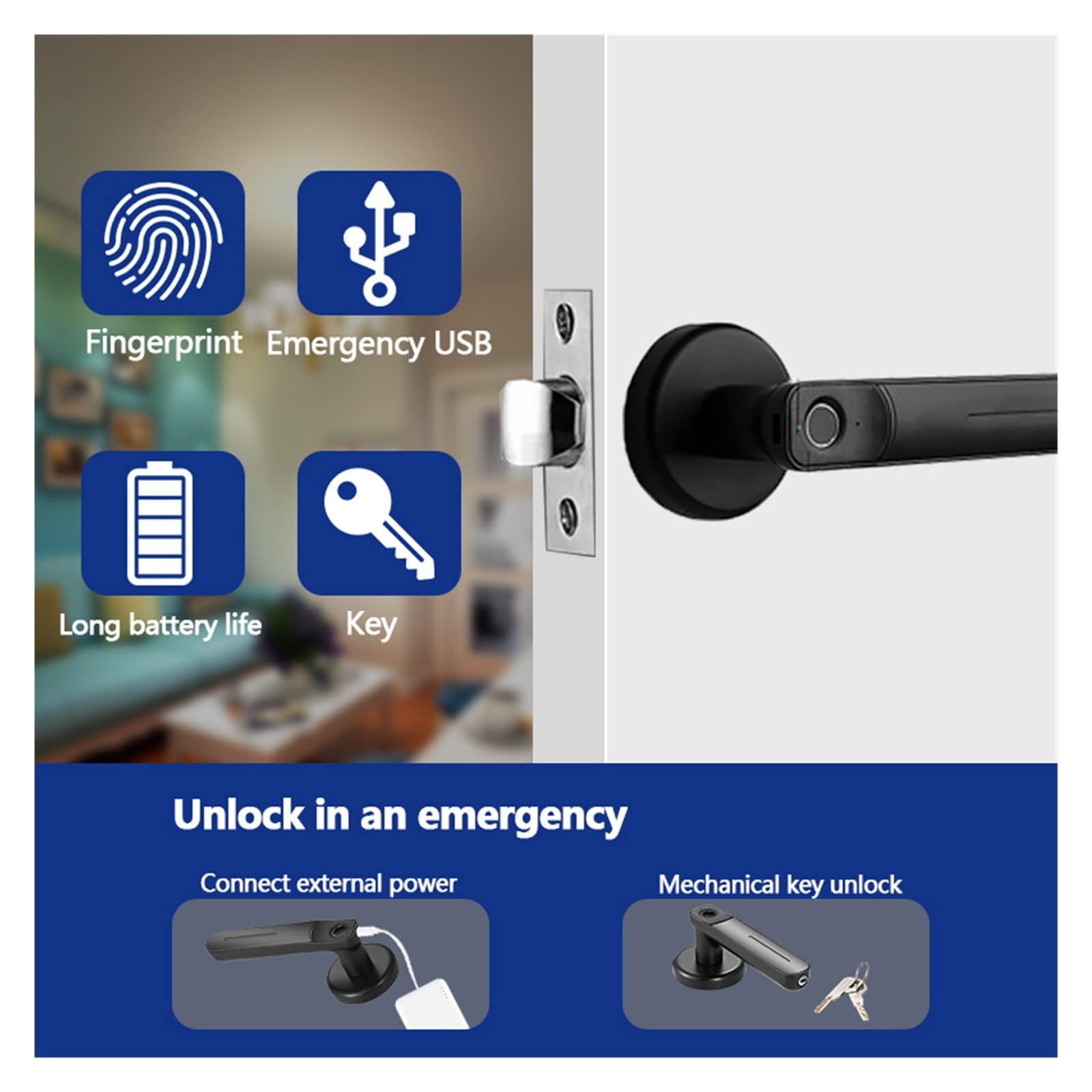 Inteligentny zamek do drzwi, Elektroniczna blokada linii papilarnych USB Akumulator Biometryczny czytnik Inteligentny zamek Uchwyt z kluczem do sypialni Hotel Apartament Biuro(Black B)