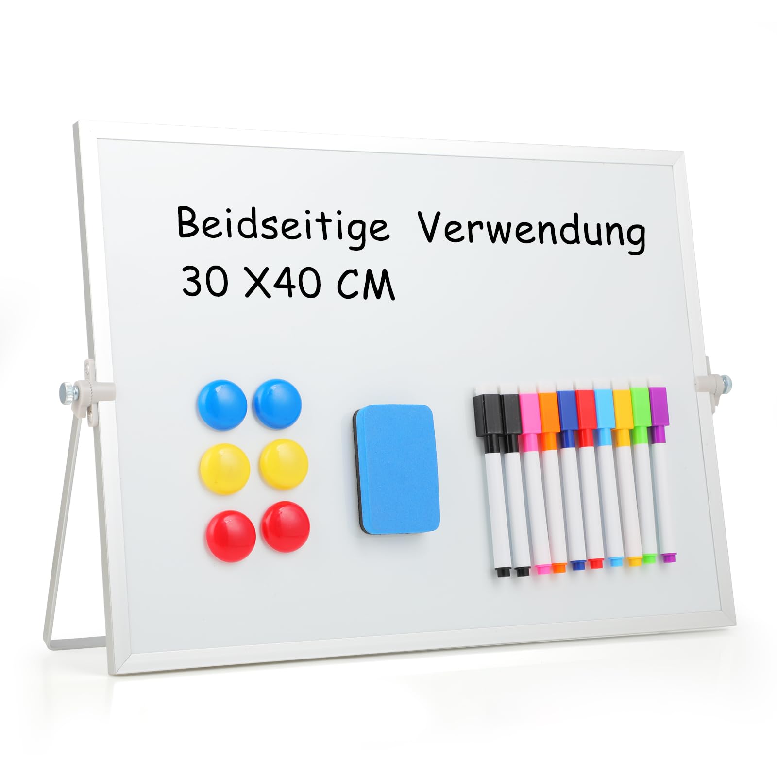 Pizarra Blanca Magnética 30x40 cm, Pizarra Portátil de Escritorio de Doble Cara con Soporte, White Board Borrable con Rotulador, Pizarra Magnética Ideal para Hogar y Oficina.
