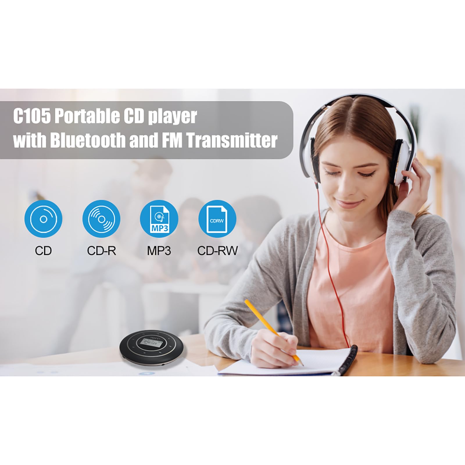 Lettore CD, Lettore CD Personalizzabile, Batteria Al Litio Ricaricabile Da 1800 MAh, Pulsante Di Vibrazione Touch, 5 Opzioni Di Effetti Sonori, Supporta CD, CD-R, CD-RW, CD-MP3, CD WMA