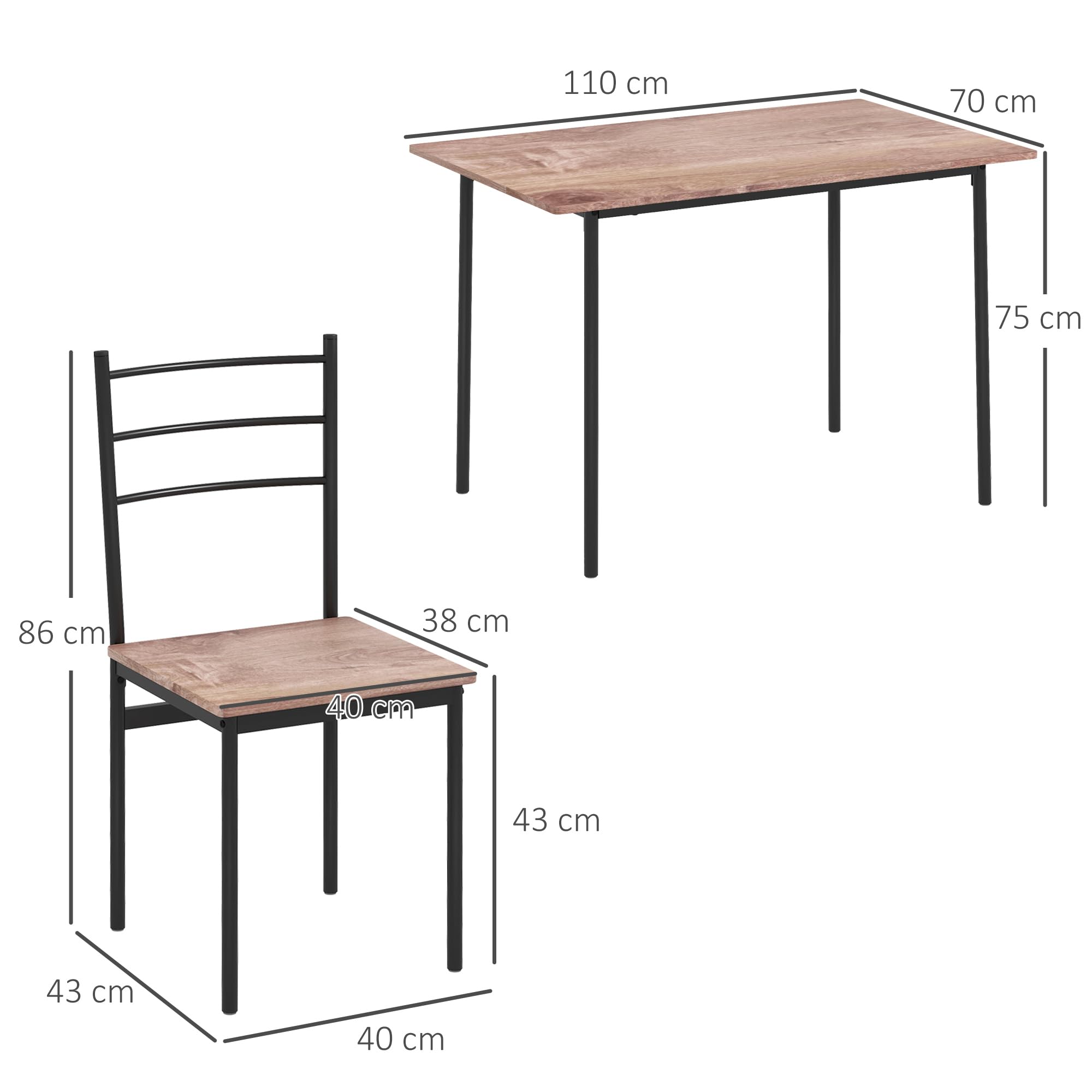 HOMCOM Set Tavolo e Sedie 5 Pezzi Salvaspazio con Tavolo da Cucina Rettangolare 110x70x75 cm e 4 Sedie Moderne 40x43x86 cm, in MDF e Acciaio, Marrone e Nero