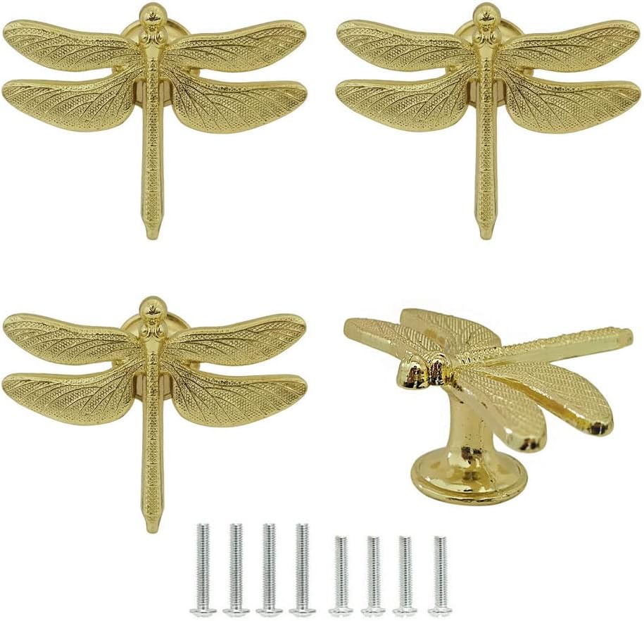 brandname Dragonfly Drawer Knobs 4 Pcs Beautiful Dragonfly Shaped Cabinet Pull Wardrobes Closets Bedside Tables Bookcases Cupboards Dresser Furniture Decoration Handle for Kitchen Bedroom (Gold)
