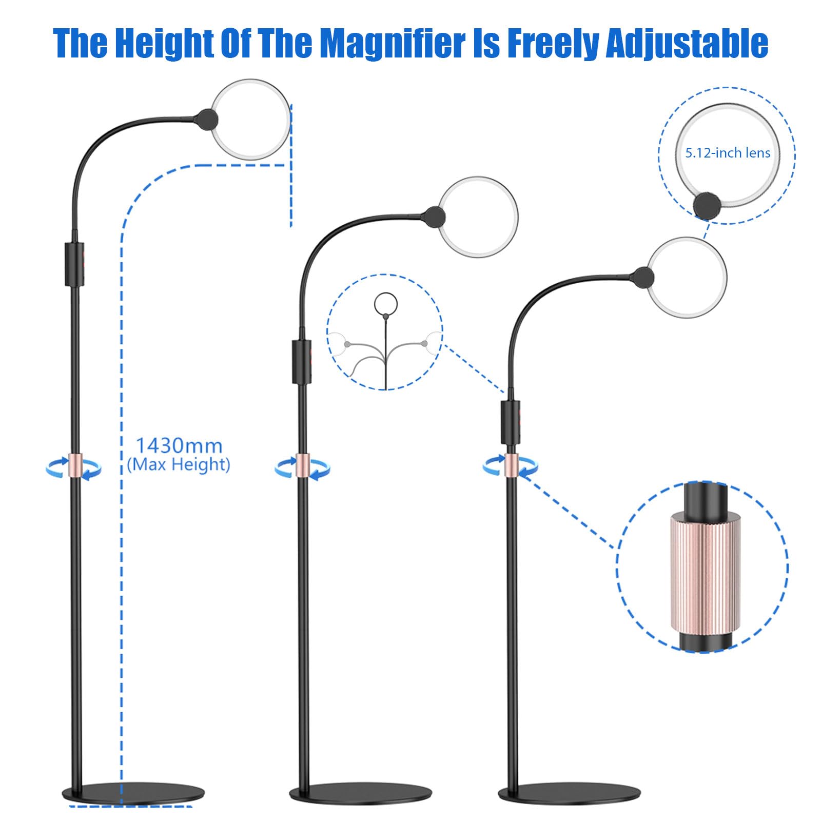 Lupa de suelo de 10 aumentos con luz y soporte, lámpara de lupa de suelo flexible de cuello de cisne de 360°, 3 modos de luz, altura ajustable, lupa manos libres para leer, trabajos cercanos