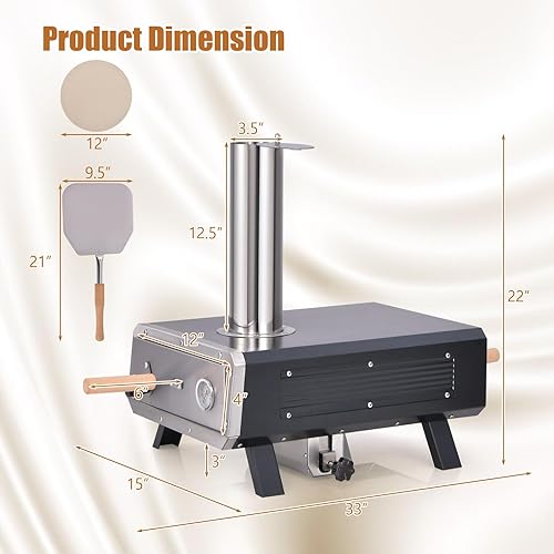 Miniatura 7 de HAPPYGRILL Horno de pizza al aire libre con piedra giratoria para pizza, máquina de pizza de leña con cáscara de pizza, termómetro y cubierta de