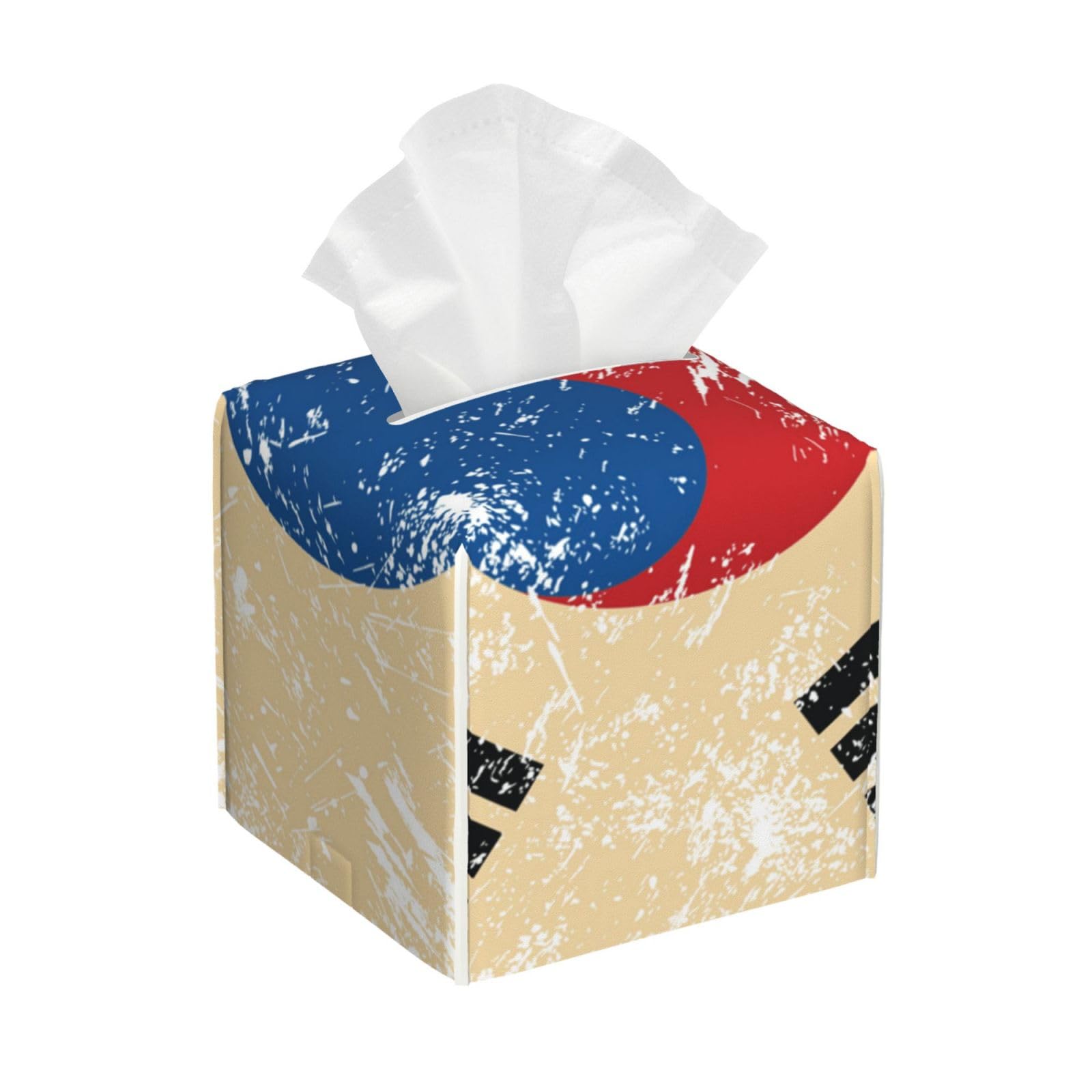 Vintage South Korea Flag Tissue Box Cover, Pu Leather Square Decorative Organizer for Tabletop, Bathroom, Bedroom, Office