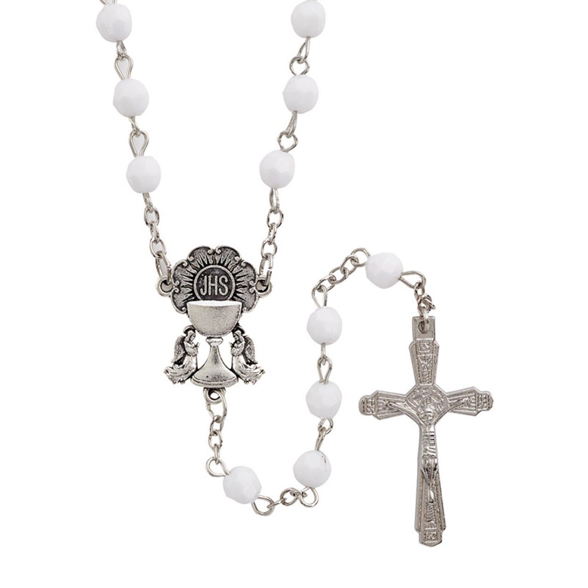 First Communion Rosary White My Holy with IHS Chalice Centerpiece, 19 Inch