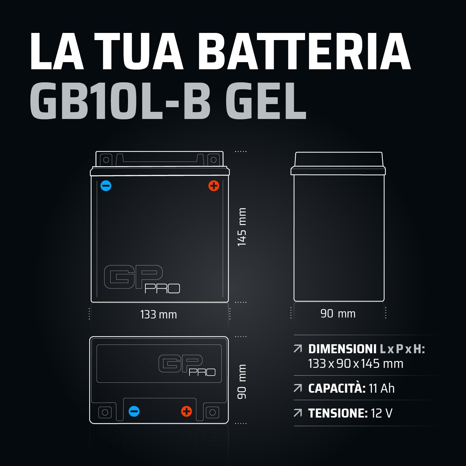 GP-PRO Akumulator rozruchowy GB10L-B 12V 11Ah GEL (kompatybilny z YB10L-B / YB10L-B2) (bezobsługowy/uszczelniony) akumulator motocyklowy