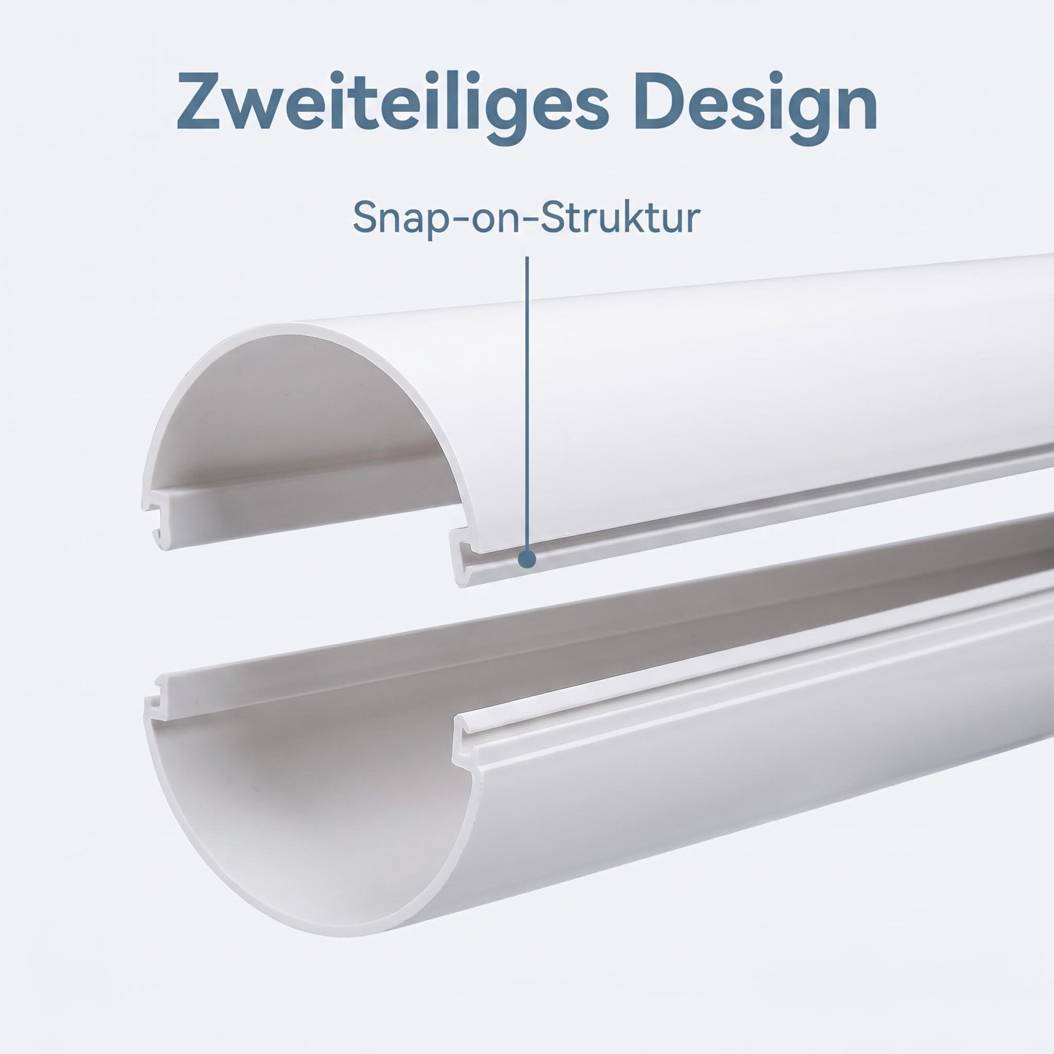 Canaleta para cables circular de PVC blanco (2 unidades, 2 x 1 m), diseño de dos piezas con cierre a presión, montaje sin herramientas, ignífugo, revestimiento de cables y cubierta de tubo para hogar