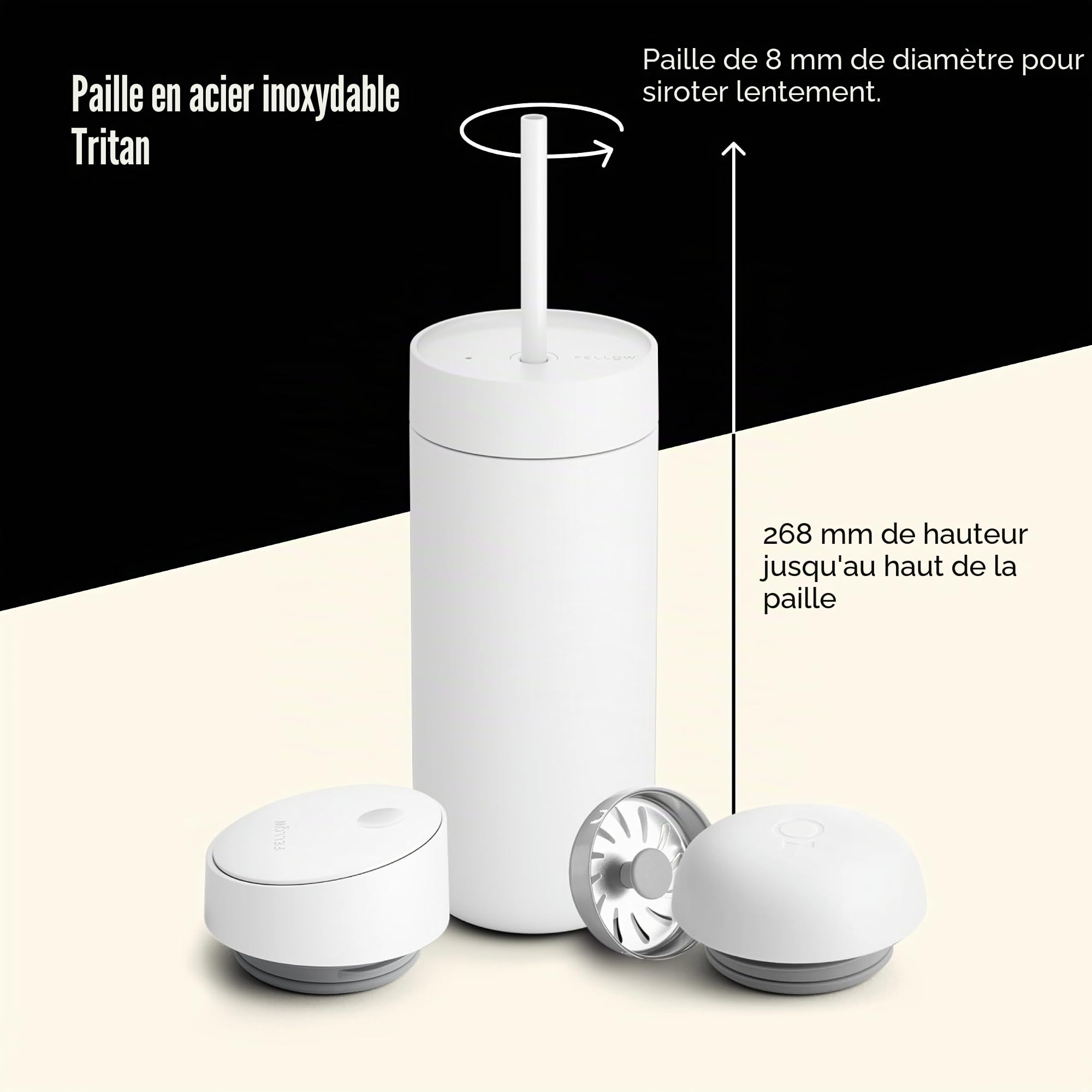 Fellow Tasse de voyage 3 en 1 avec fermeture coulissante, couvercles Move & Cold avec paille – Tasse à café à emporter – Intérieur en céramique et acier inoxydable isolé sous vide – Tasses à café