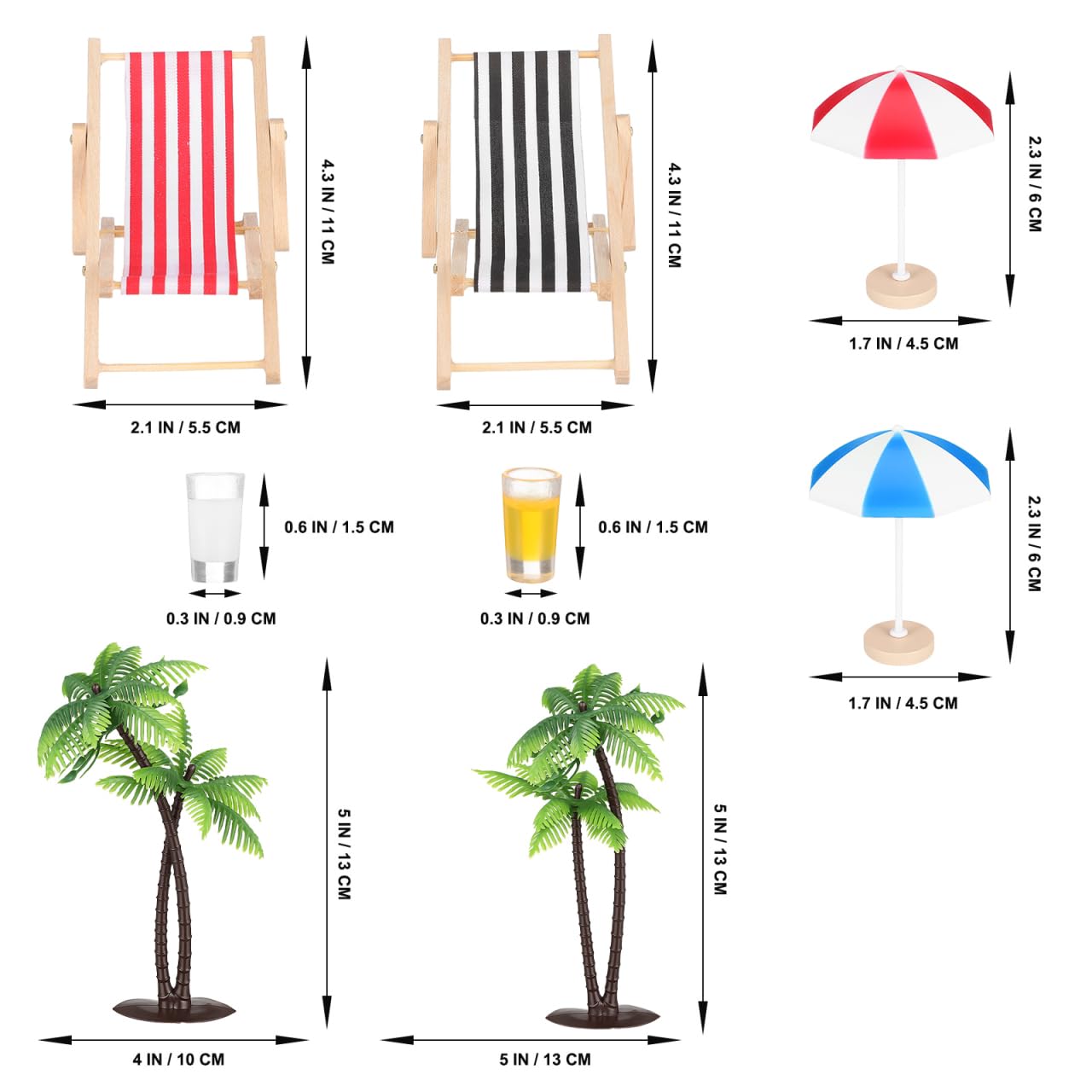 Didiseaon Set di paesaggi da spiaggia in miniatura con palme, ombrelloni, mini palme, ombrelloni, sedie a sdraio, bevande, tavolino rotondo, ornamento per