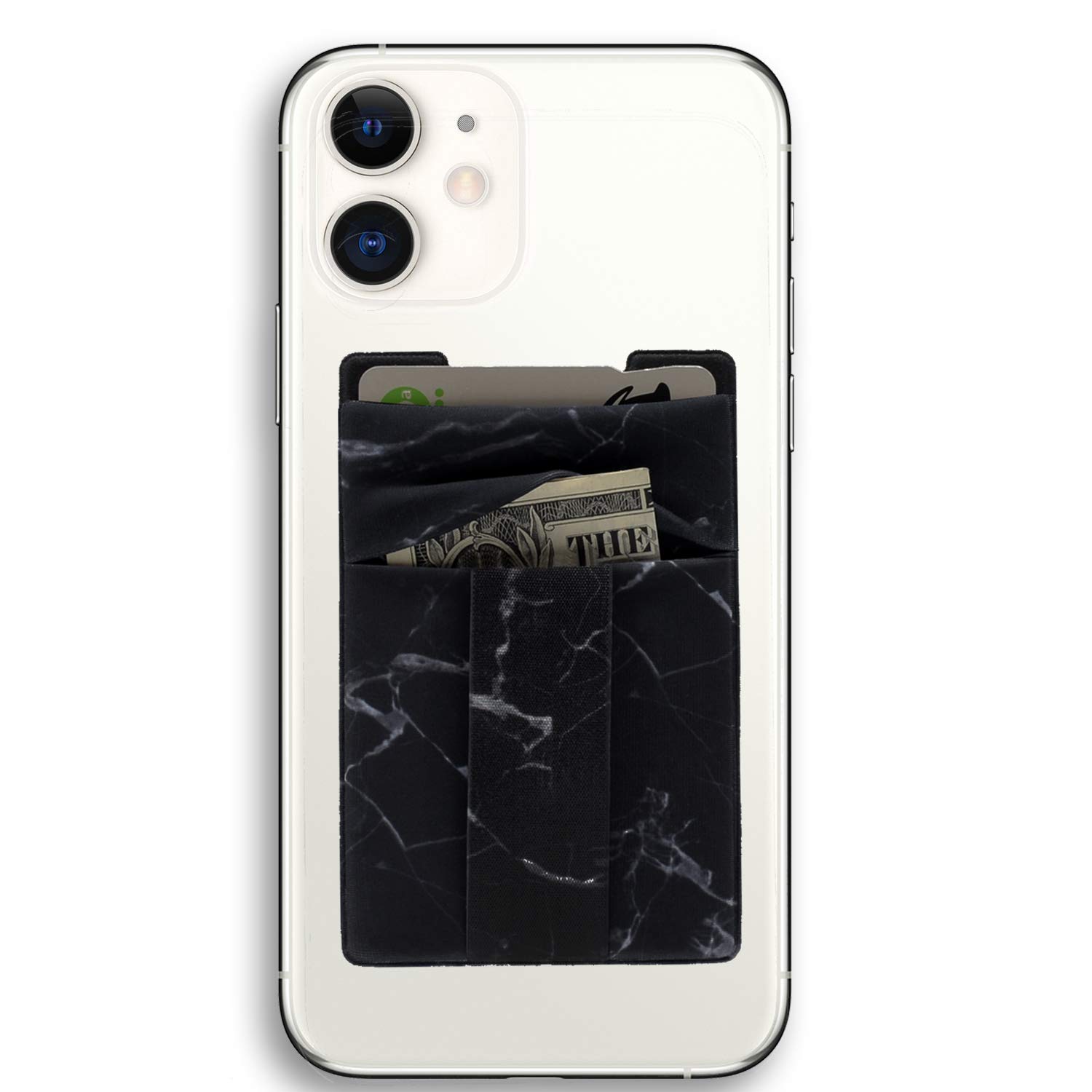 polifall Cell Phone Card Holder Stick On Wallet Sleeve Back - Double Pocket + Finger Grip Strap Loop + Metal Plate for Magnet Mount + RFID Block for iPhone, Galaxy, Android, Mobile - Black Marble