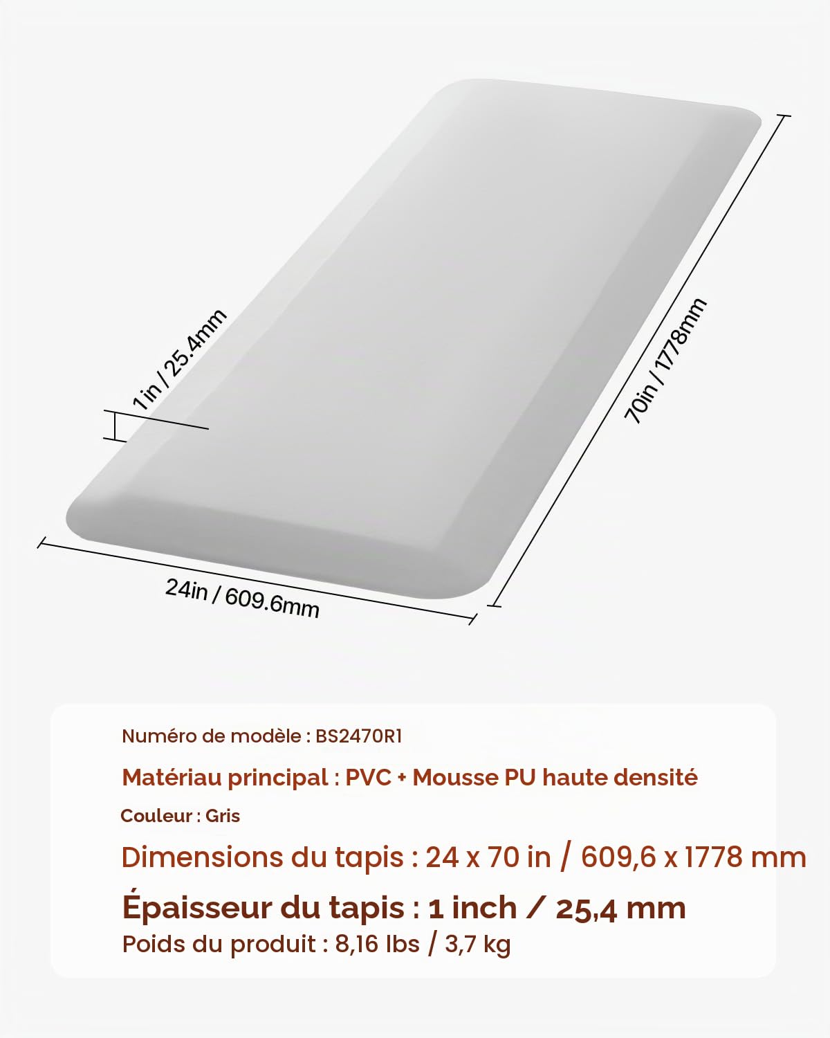 VEVOR Tapis Anti-chute pour Personnes Âgées, 609,6x1778 mm, Tapis de Protection de Chevet Antidérapant Bord Biseauté, Épaisseur 25,4 mm, Sécurité Renforcée, pour Personnes Âgées, Handicapées, Patients