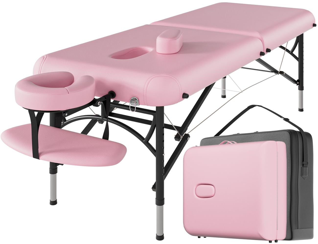 CLORIS 84" Professional Massage Table Portable 2 Folding Lightweight Facial Salon Spa Tattoo Bed Height Adjustable with Carrying Bag & Aluminium Leg Hold Up to 1100LBS Pink